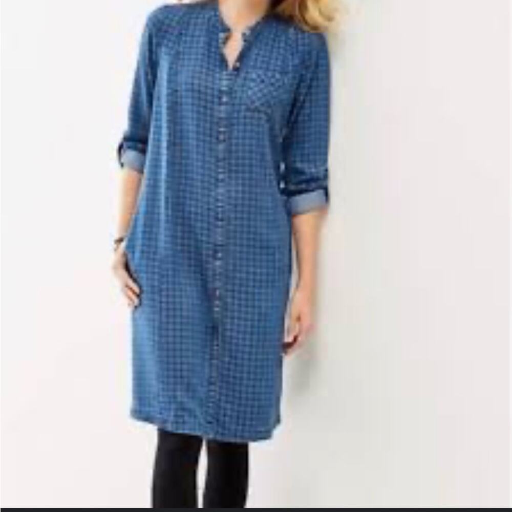 J. Jill Checkered Plaid Denim Chambray Button Front Preppy Casual Shirt Dress XS